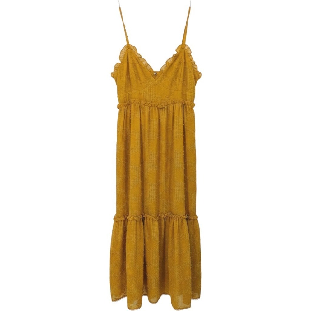 Lulus Maxi Dress Womens Medium Mustard Yellow Textured Floral Tiered Ruffle Boho